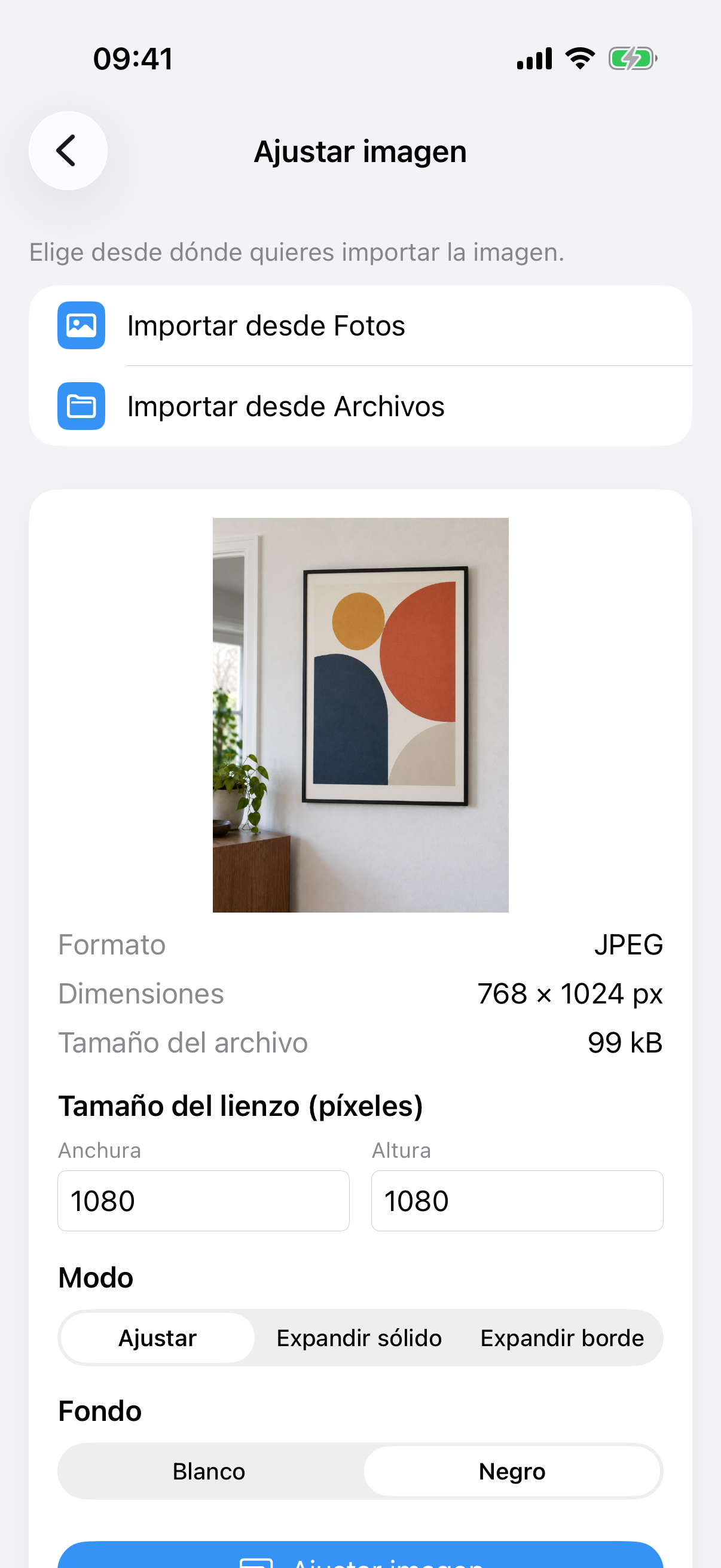 ImageSetta Ajustar imagen con la foto del cuadro, tamaño de lienzo, modo Ajustar y fondo Blanco.