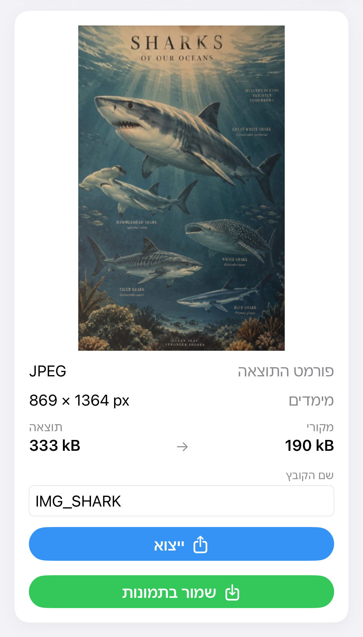תוצאת ImageSetta יישור: אותו פוסטר כריש אחרי תיקון הפרספקטיבה.