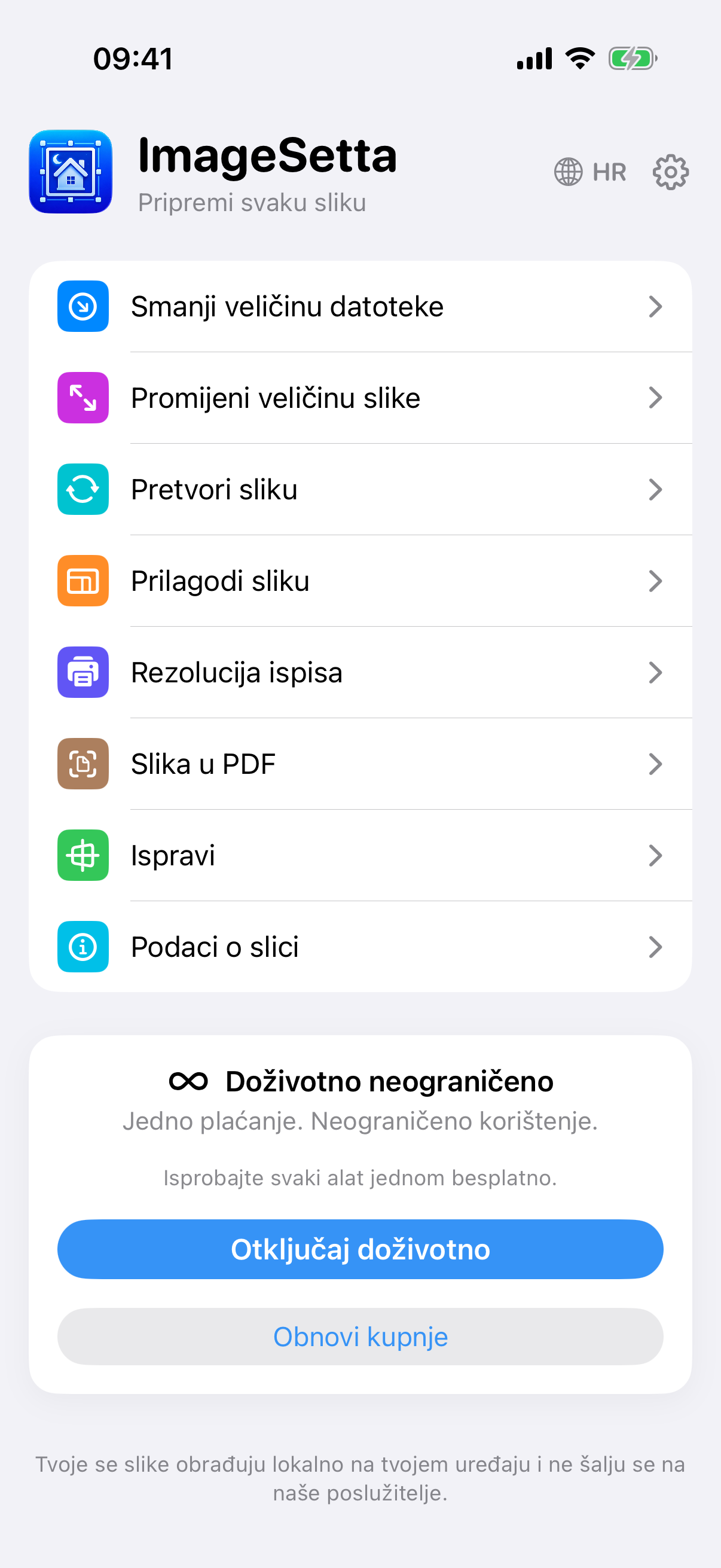 Početni zaslon ImageSetta: osam alata, Doživotno neograničeno, obrada ostaje na ovom uređaju.