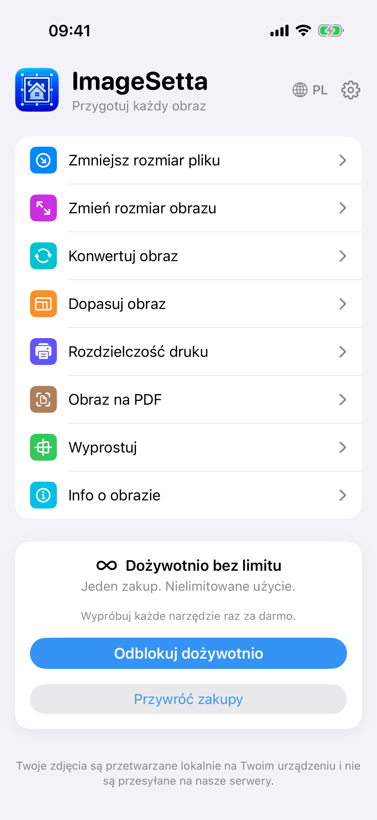 Ekran startowy ImageSetta: osiem narzędzi, Dożywotnio bez limitu, przetwarzanie zostaje na tym urządzeniu.