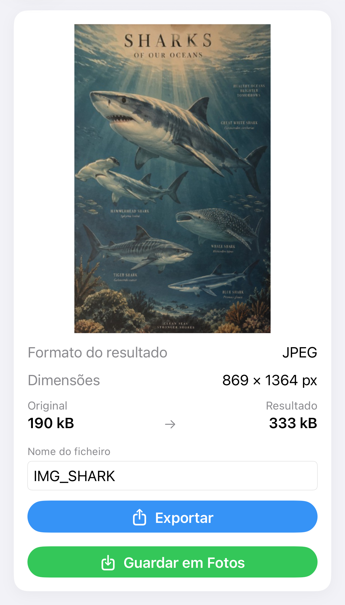 Resultado ImageSetta Endireitar: o mesmo poster do tubarão após a correção de perspetiva.