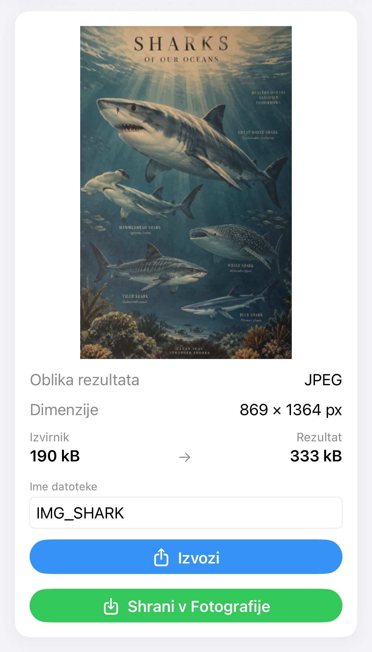 Rezultat ImageSetta Poravnaj: isti plakat z morskim psom po korekciji perspektive.