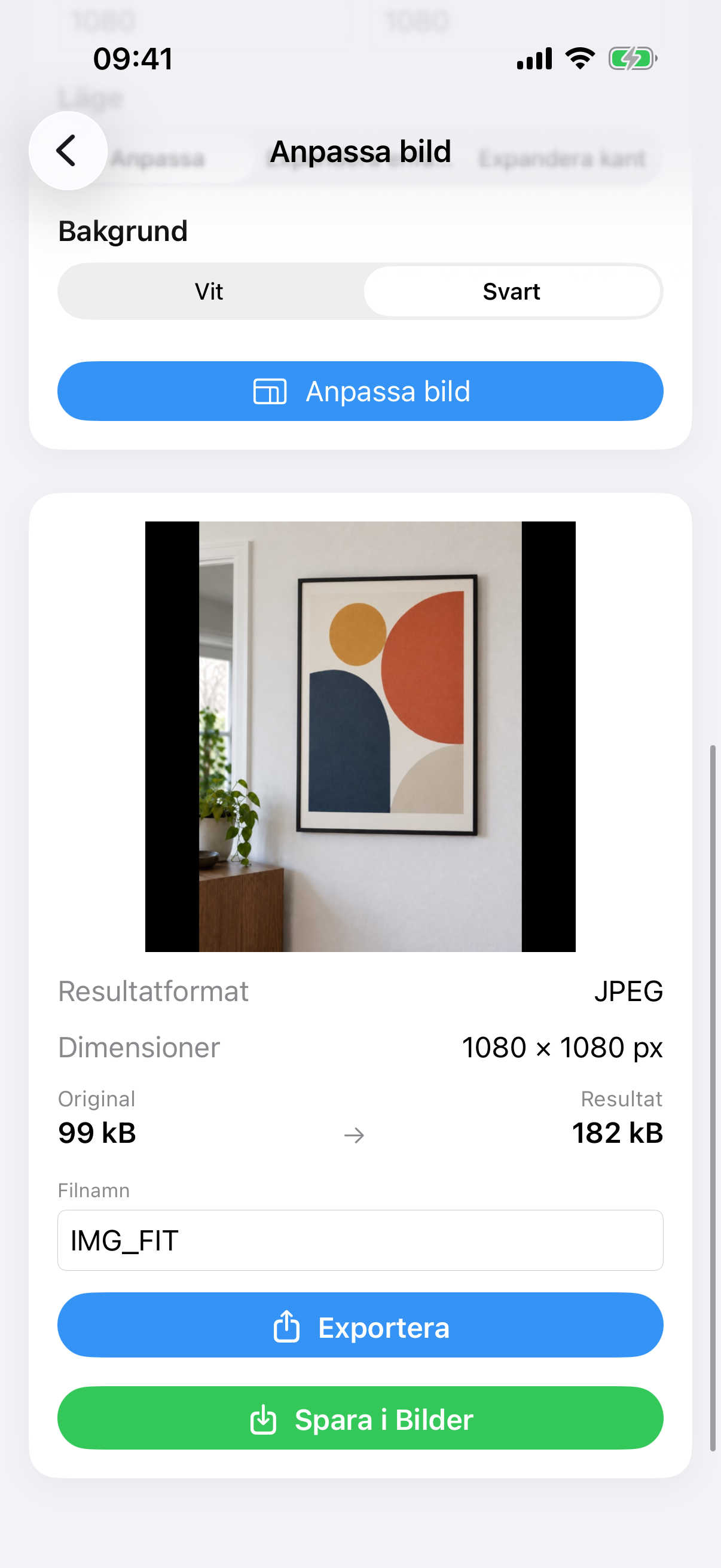 ImageSetta Anpassa bild-resultat: hela tavelfotot på en kvadratisk vit duk.